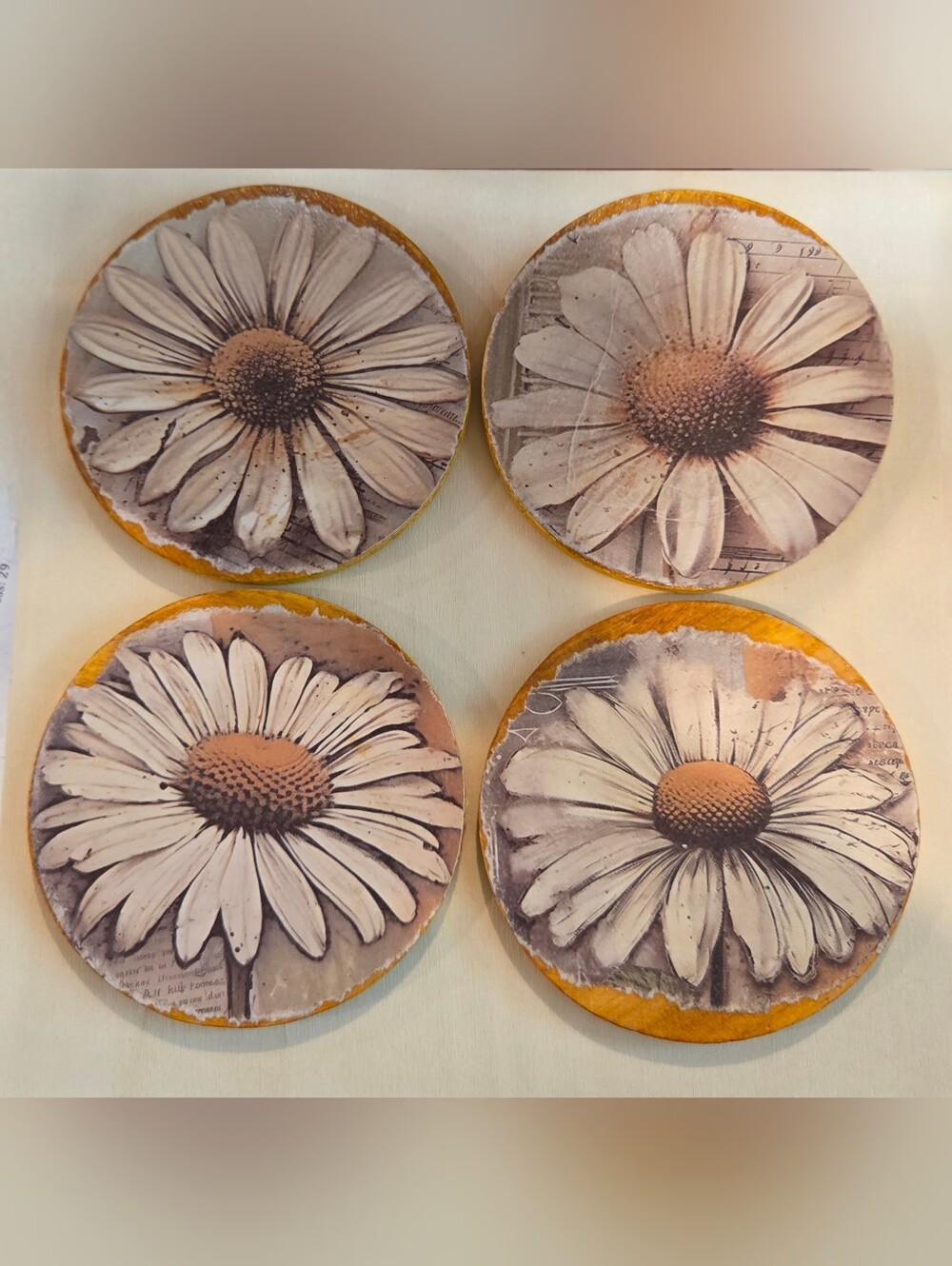 Handmade Vintage Style Daisy Wood Coasters - Set of 4